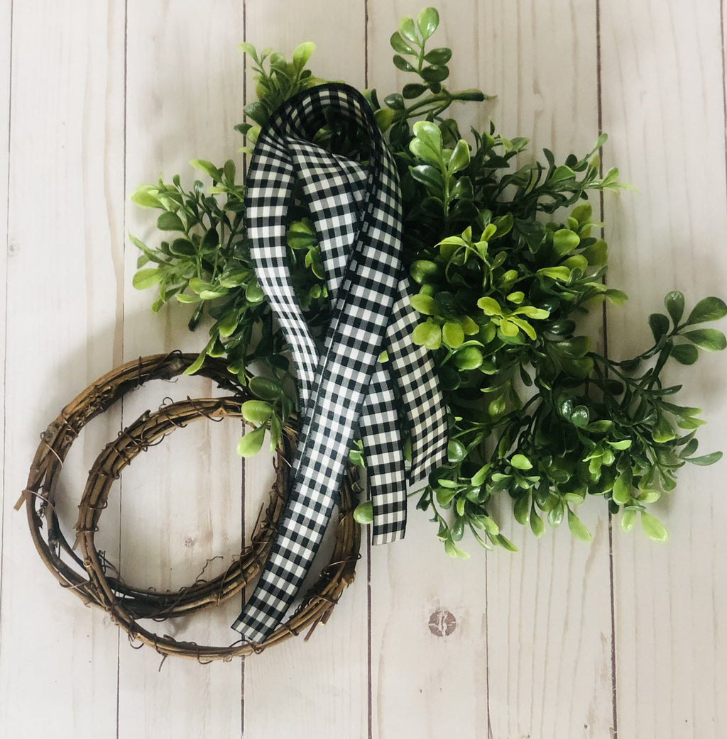 DIY farmhouse mini boxwood wreath kit makes pair of nine inch wreaths with buffalo plaid ribbon
